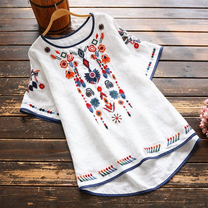 Women's Bohemian Embroidered Short Sleeve Blouse