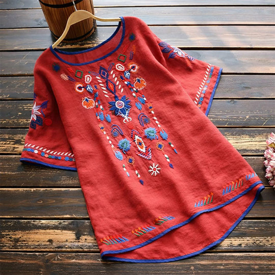 Women's Bohemian Embroidered Short Sleeve Blouse