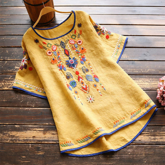 Women's Bohemian Embroidered Short Sleeve Blouse