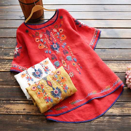 Women's Bohemian Embroidered Short Sleeve Blouse
