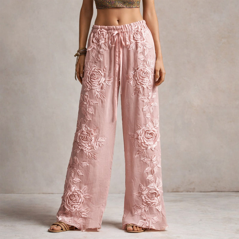 Women's Boho Floral Embroidered Wide Leg Trousers