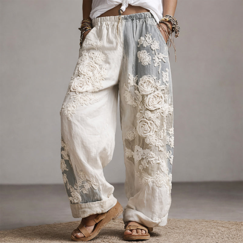Women's Boho Floral Embroidered Wide Leg Trousers