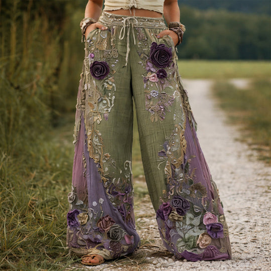Women's Boho Floral Embroidered Wide Leg Trousers