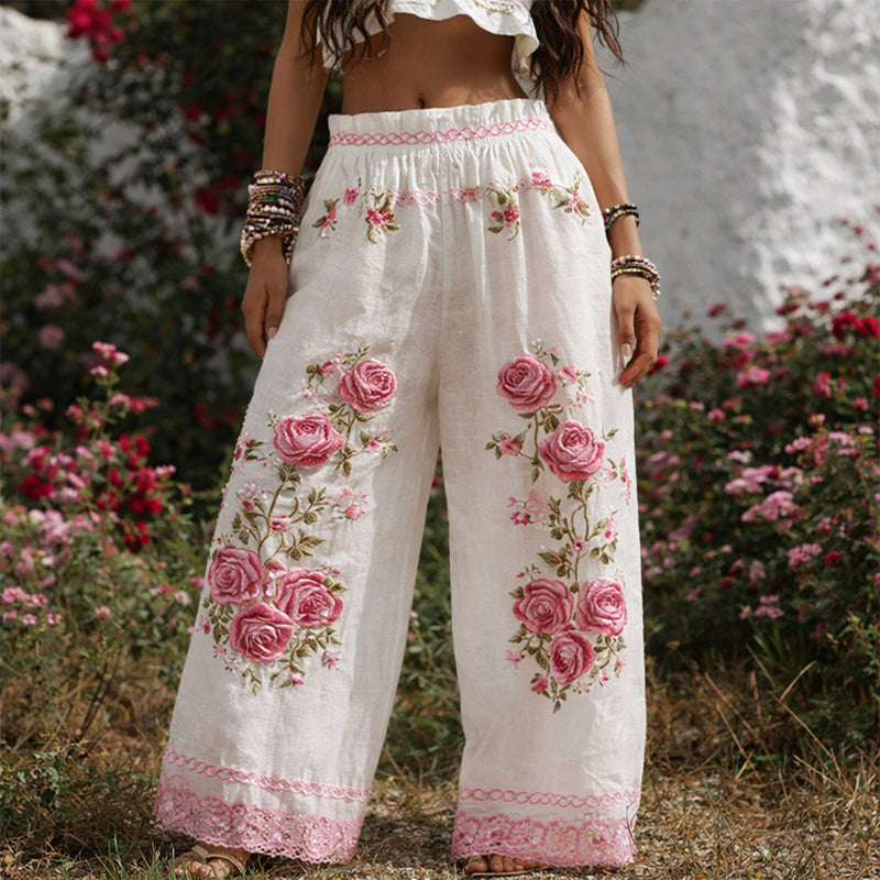Women's Boho Floral Embroidered Wide Leg Trousers