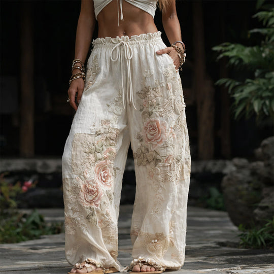 Women's Boho Floral Embroidered Wide Leg Trousers