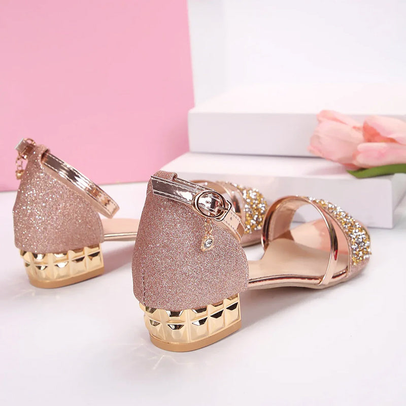 Women's Rhinestone Glitter Strap Low Block Heel Sandals