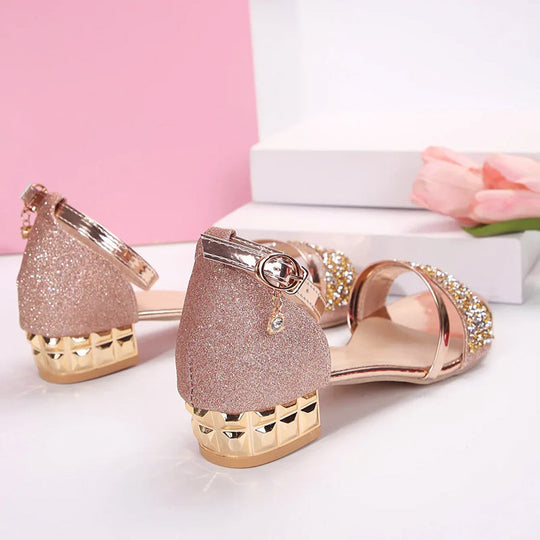 Women's Rhinestone Glitter Strap Low Block Heel Sandals