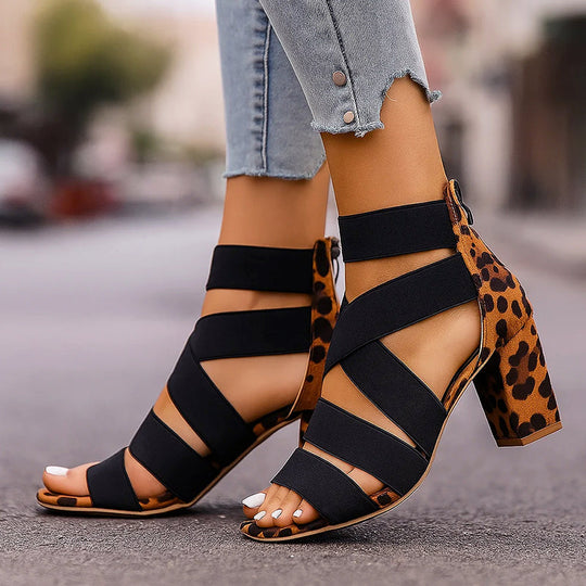 Women's Leopard Print Block Heel Elastic Strap Sandals