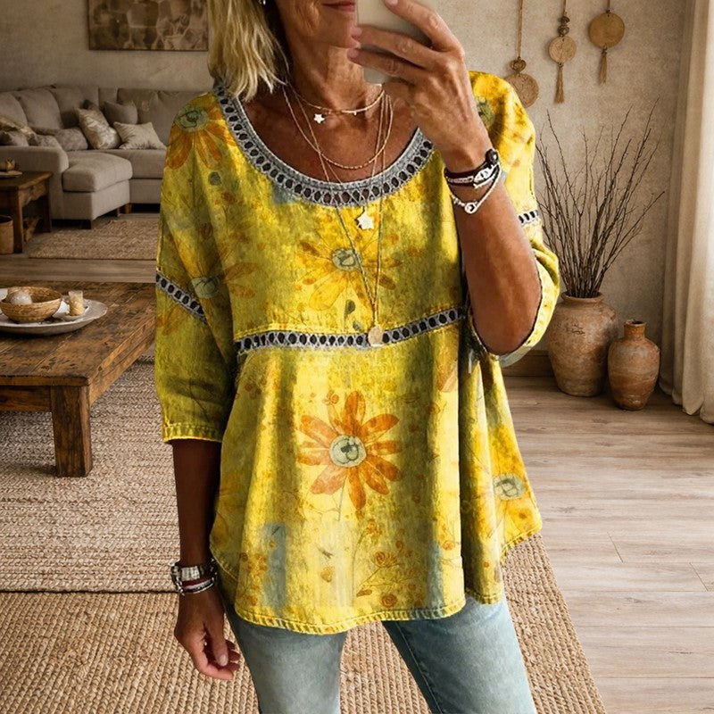Women's Vintage Floral Patchwork Relaxed Fit Blouse