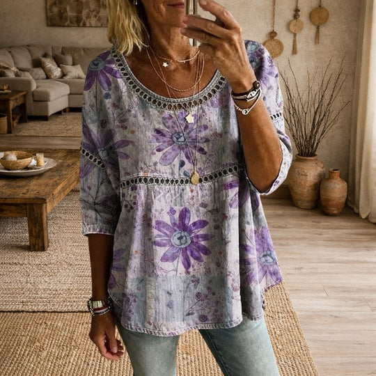 Women's Vintage Floral Patchwork Relaxed Fit Blouse