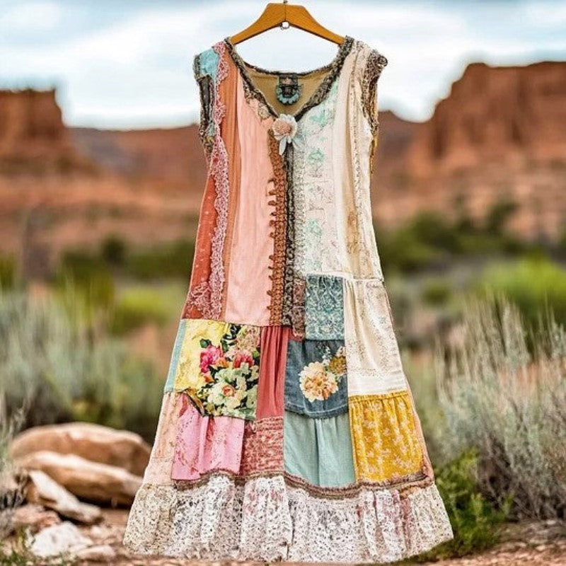 Women's Vintage Patchwork Floral Tiered Maxi Dress