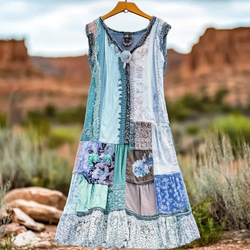 Women's Vintage Patchwork Floral Tiered Maxi Dress