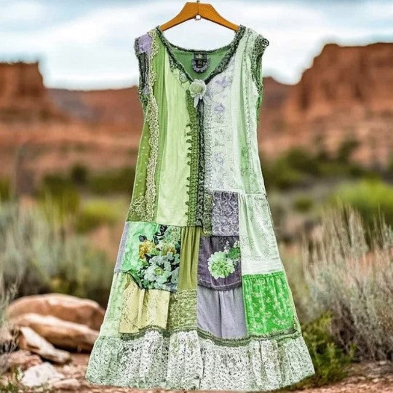 Women's Vintage Patchwork Floral Tiered Maxi Dress