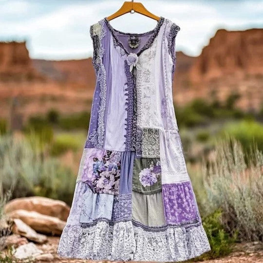 Women's Vintage Patchwork Floral Tiered Maxi Dress