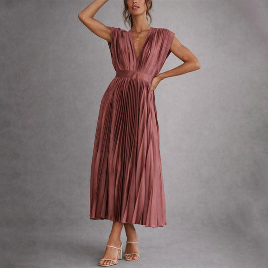 Women's Pleated Deep V-Neck Midi Dress