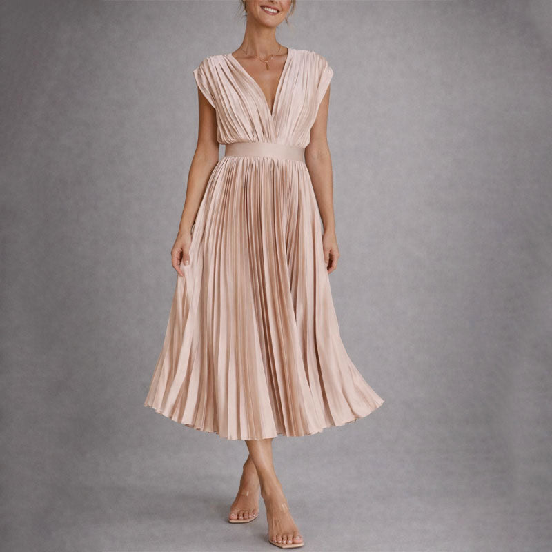 Women's Pleated Deep V-Neck Midi Dress