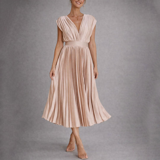 Women's Pleated Deep V-Neck Midi Dress