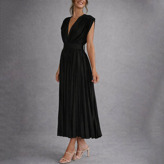 Women's Pleated Deep V-Neck Midi Dress