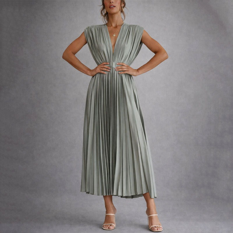Women's Pleated Deep V-Neck Midi Dress