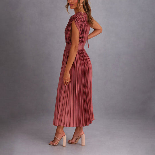 Women's Pleated Deep V-Neck Midi Dress