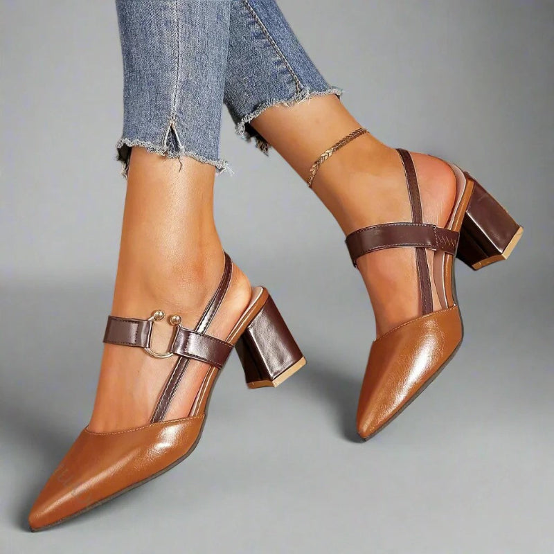 Women's Pointed Toe Slingback Block Heel Pumps with Metallic Accent