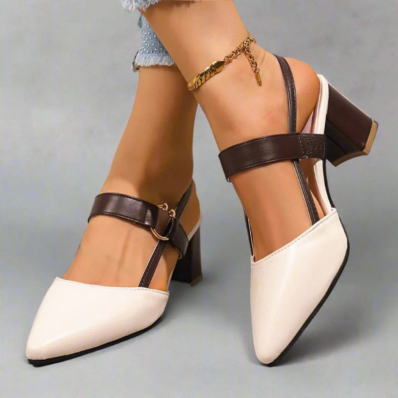 Women's Pointed Toe Slingback Block Heel Pumps with Metallic Accent
