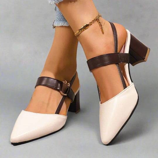 Women's Pointed Toe Slingback Block Heel Pumps with Metallic Accent
