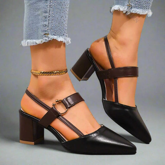 Women's Pointed Toe Slingback Block Heel Pumps with Metallic Accent