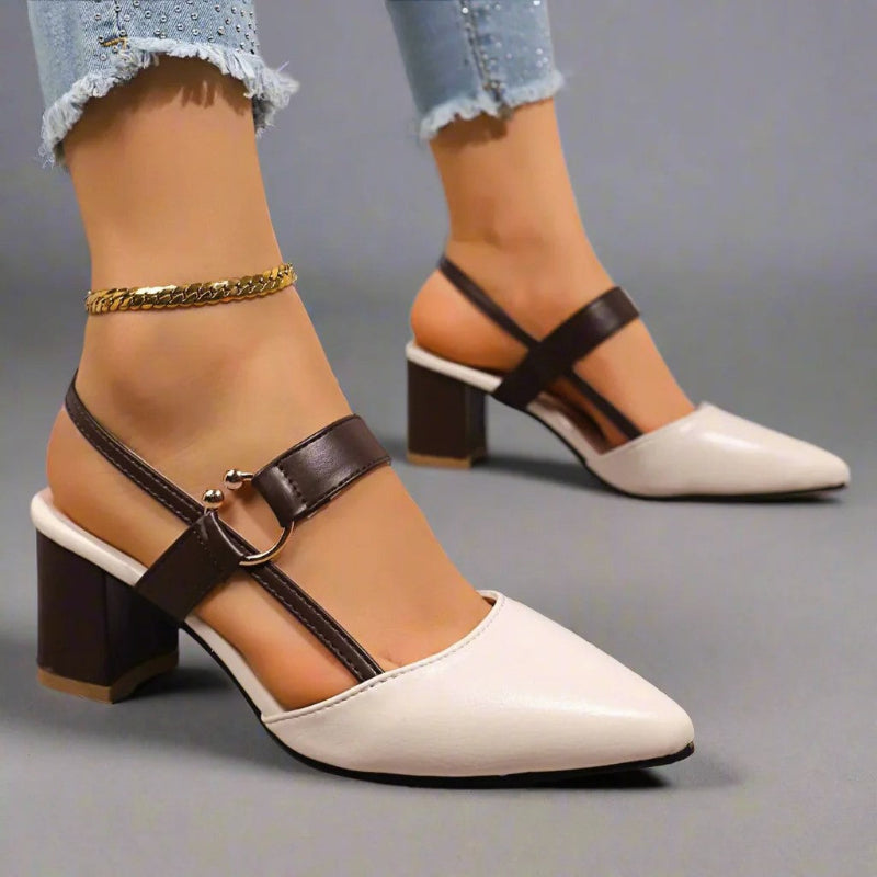 Women's Pointed Toe Slingback Block Heel Pumps with Metallic Accent