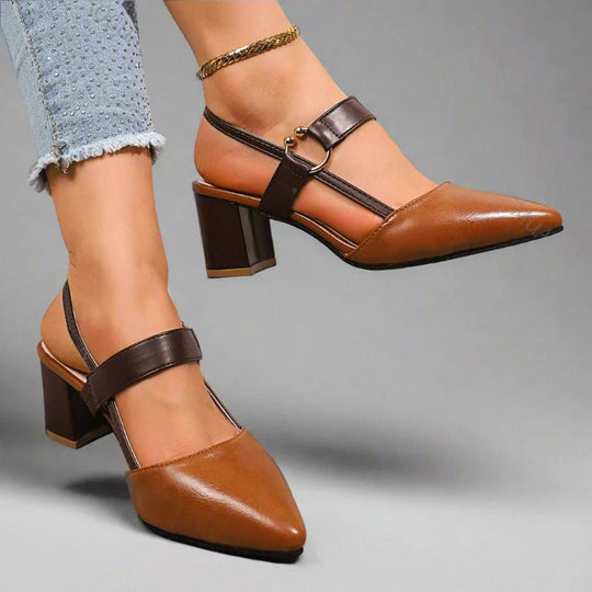 Women's Pointed Toe Slingback Block Heel Pumps with Metallic Accent