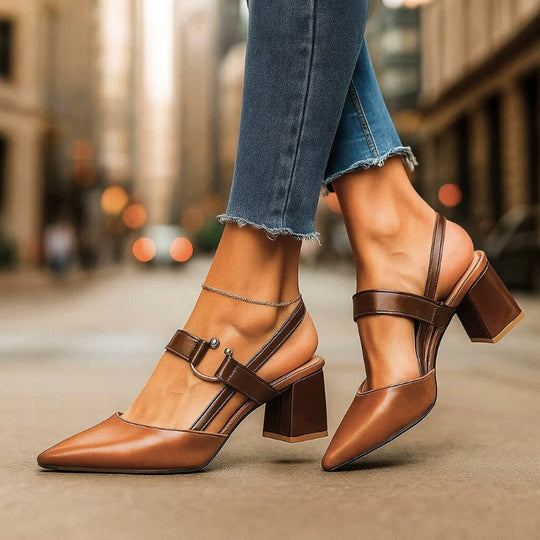 Women's Pointed Toe Slingback Block Heel Pumps with Metallic Accent