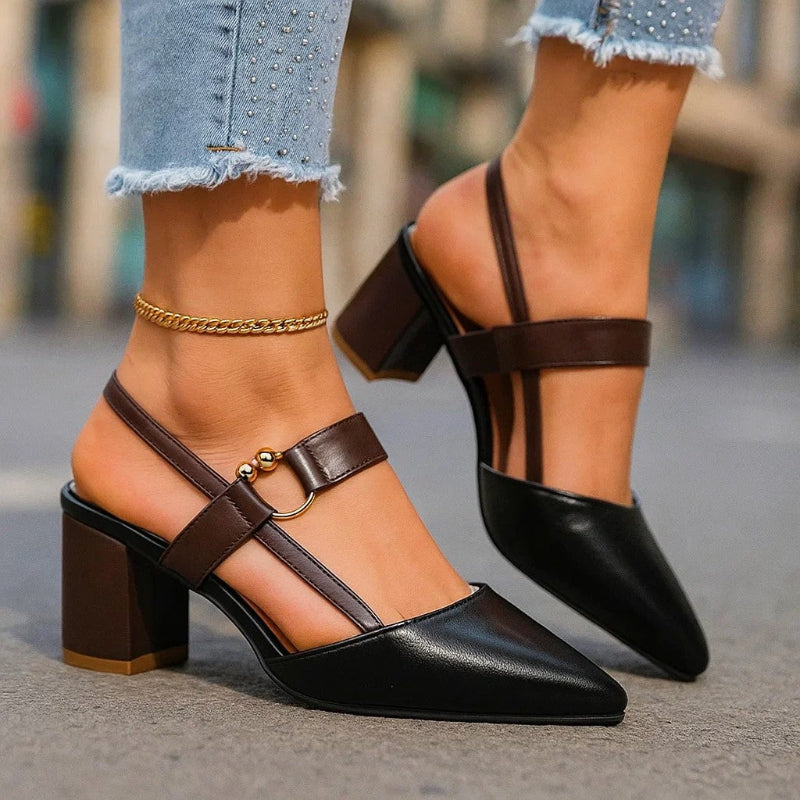 Women's Pointed Toe Slingback Block Heel Pumps with Metallic Accent