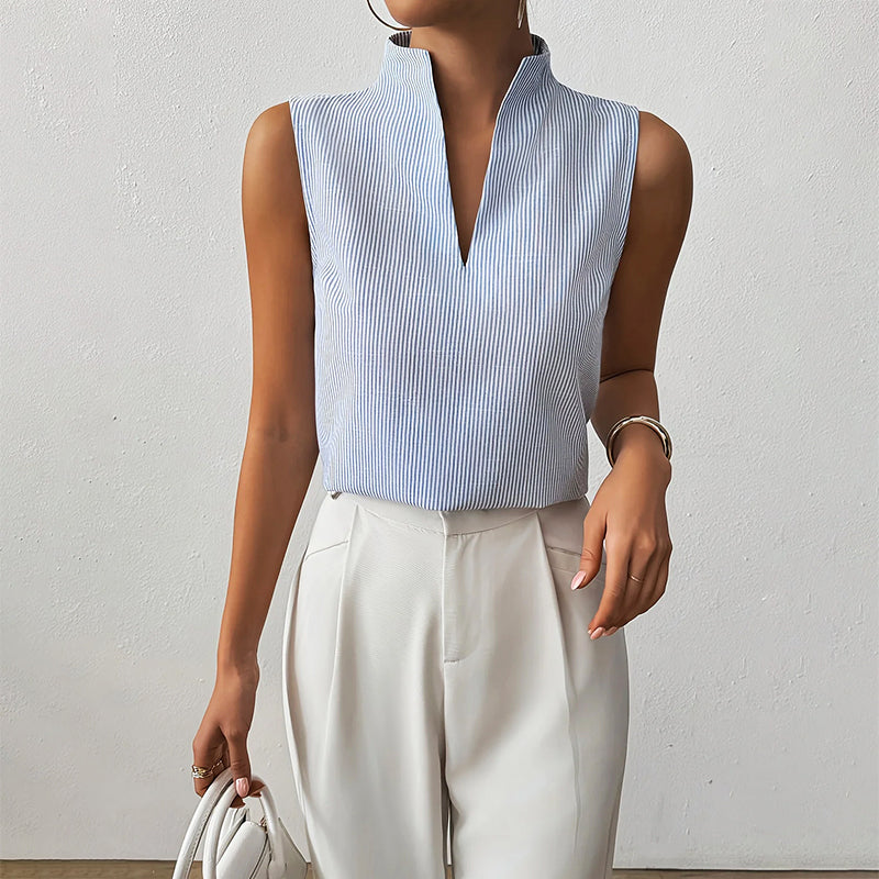 Women's Sleeveless Striped V-Neck Blouse