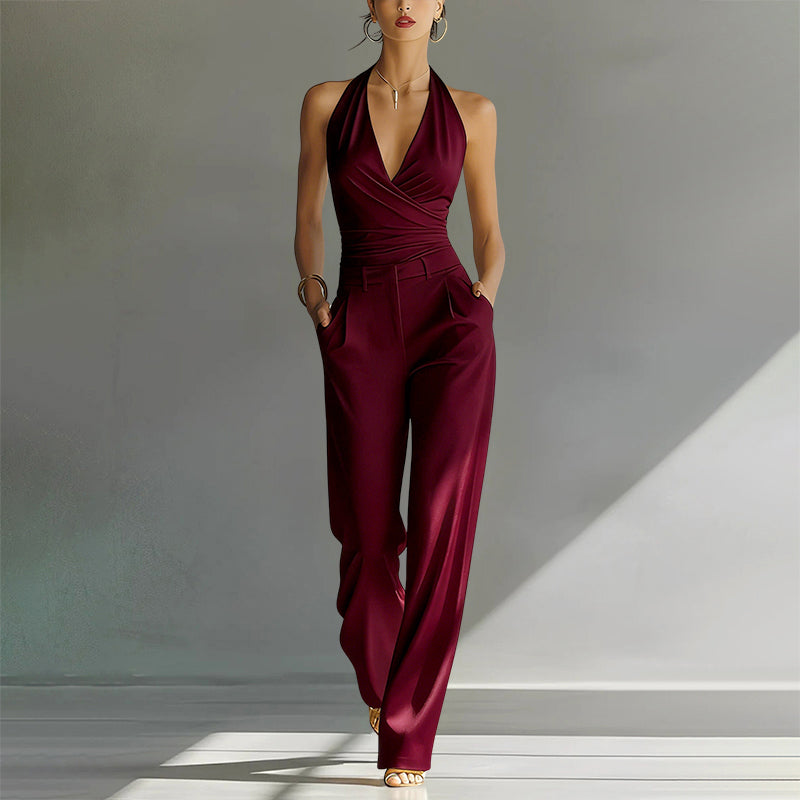 Women's Wrap Bodice Halter Wide Leg Jumpsuit