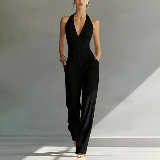 Women's Wrap Bodice Halter Wide Leg Jumpsuit