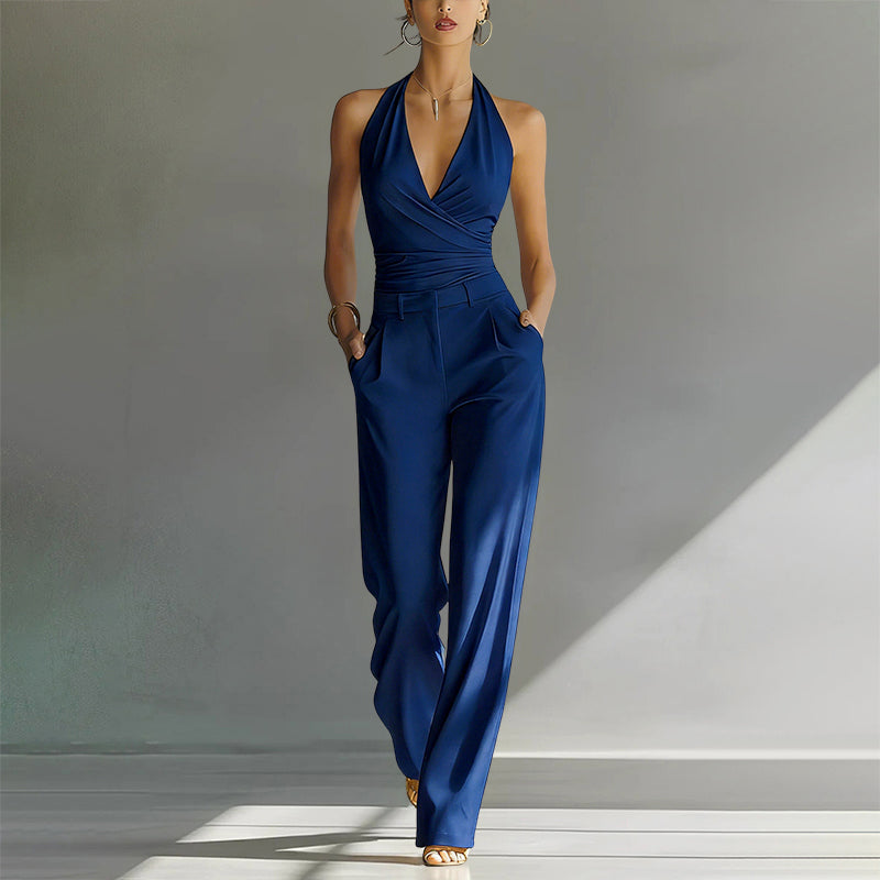 Women's Wrap Bodice Halter Wide Leg Jumpsuit