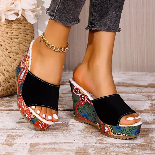 Women's Bohemian Printed Platform Wedge Slide Sandals