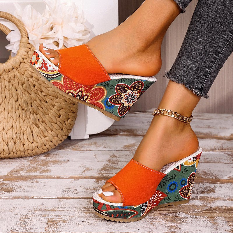 Women's Bohemian Printed Platform Wedge Slide Sandals
