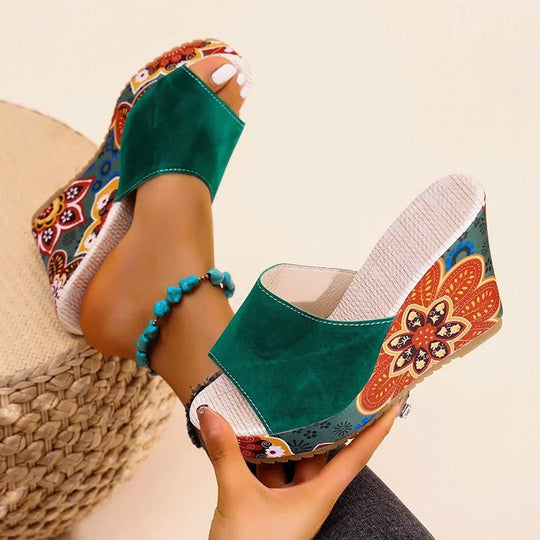 Women's Bohemian Printed Platform Wedge Slide Sandals
