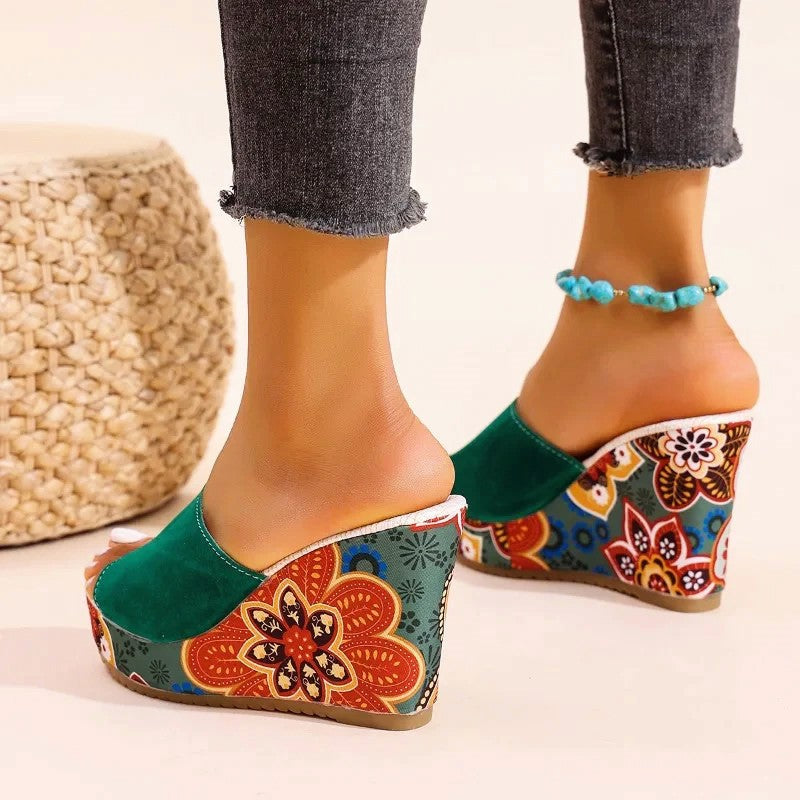 Women's Bohemian Printed Platform Wedge Slide Sandals