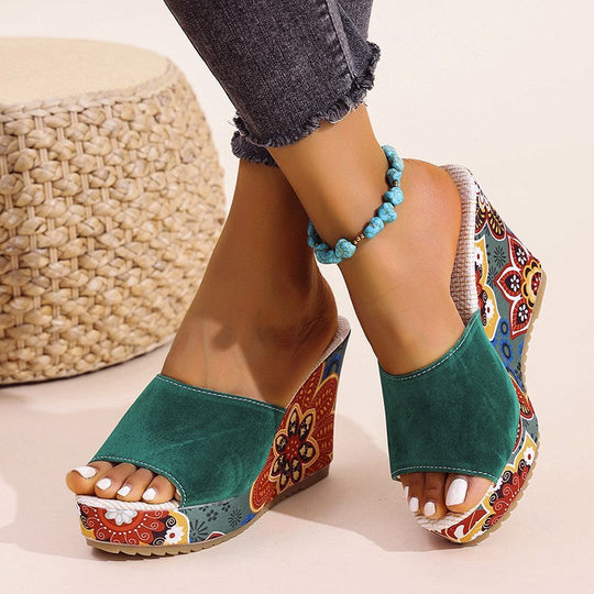 Women's Bohemian Printed Platform Wedge Slide Sandals