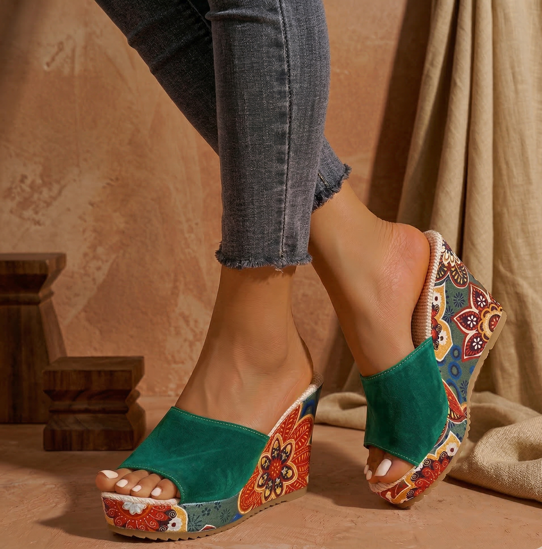 Women's Bohemian Printed Platform Wedge Slide Sandals