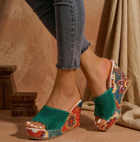 Women's Bohemian Printed Platform Wedge Slide Sandals