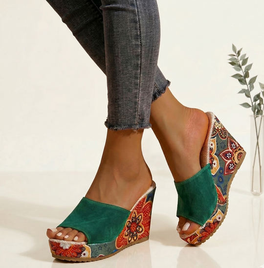 Women's Bohemian Printed Platform Wedge Slide Sandals