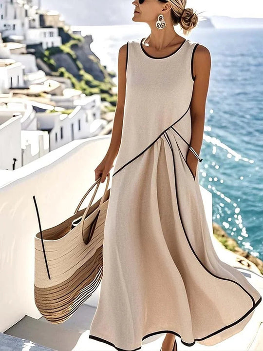 Women's Contrast Trim Sleeveless A-Line Maxi Dress
