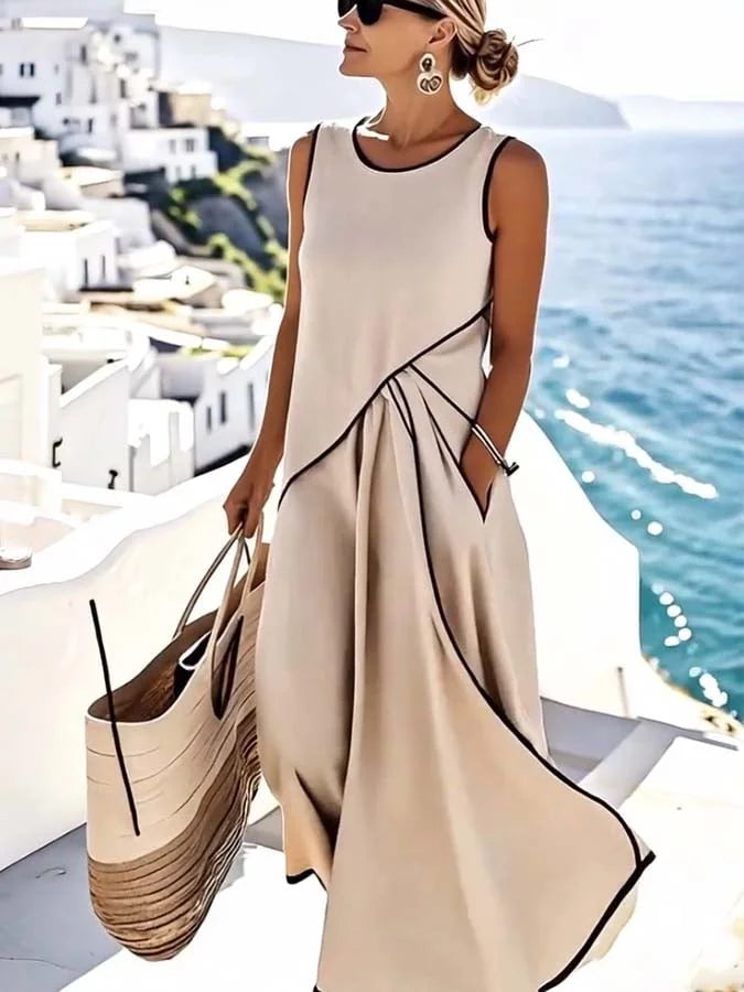 Women's Contrast Trim Sleeveless A-Line Maxi Dress