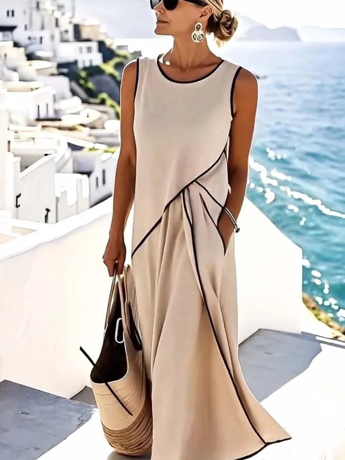 Women's Contrast Trim Sleeveless A-Line Maxi Dress