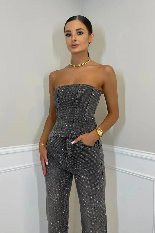 Women's Sequin Corset Top & Wide-Leg Pants Set