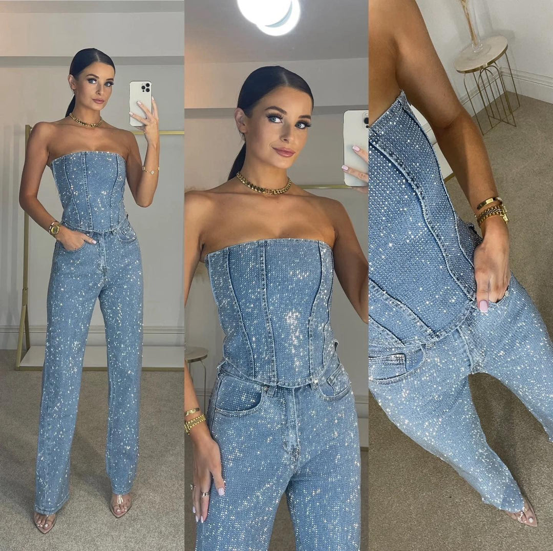 Women's Elegant Strapless Sequin Wide Leg Jumpsuit
