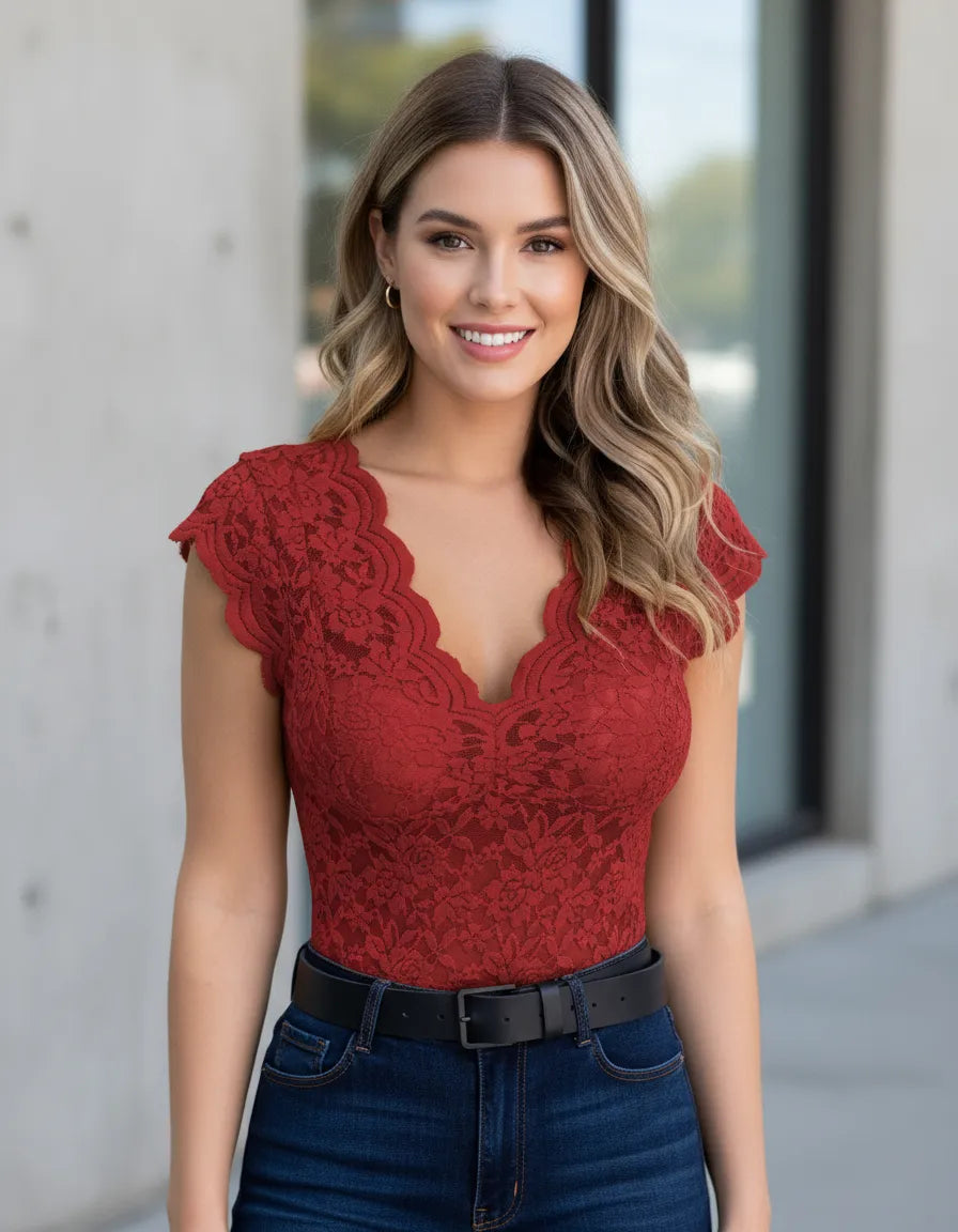 Women's Floral Lace V-Neck Bodysuit Blouse